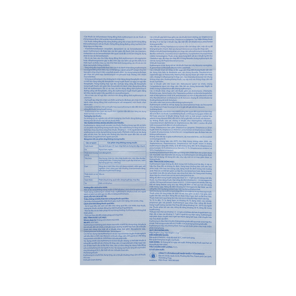 Erythromycin 250 mg Hộp 24 gói x 1,5g Domesco