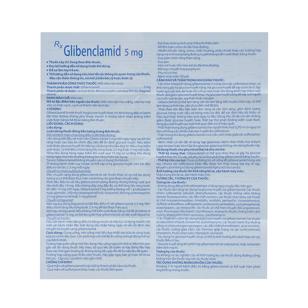 Glibenclamid 5 mg Hộp 5 vỉ x 20 viên Domesco