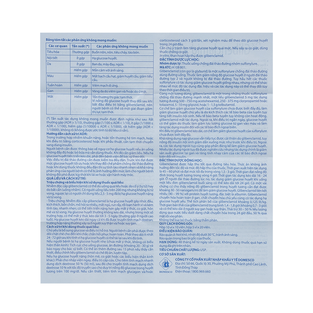 Glibenclamid 5 mg Hộp 5 vỉ x 20 viên Domesco