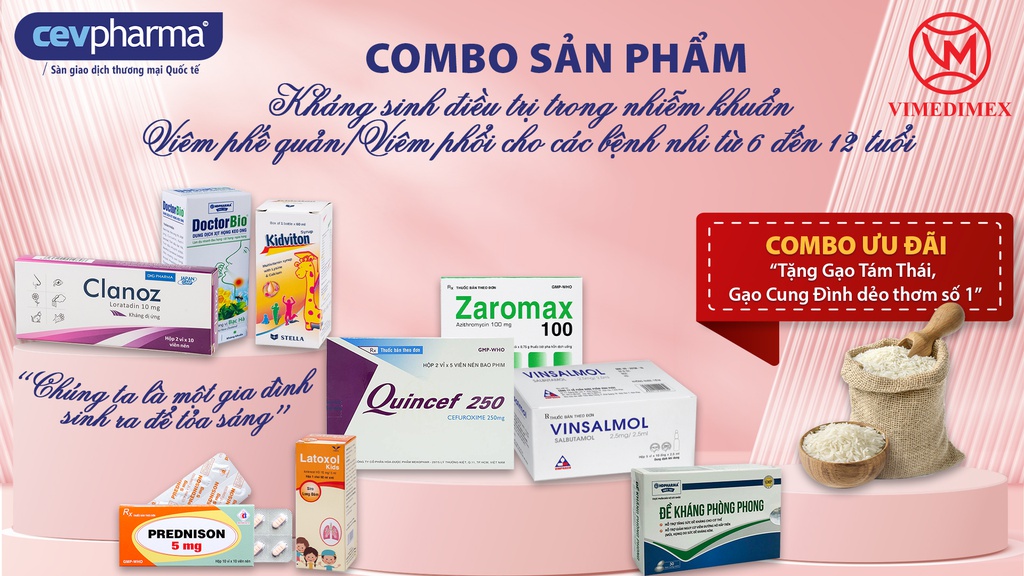 Combo Kháng sinh điều trị trong nhiễm khuẩn Viêm phế quản/Viêm phổi cho các bệnh nhi từ 6 đến 12 tuổi