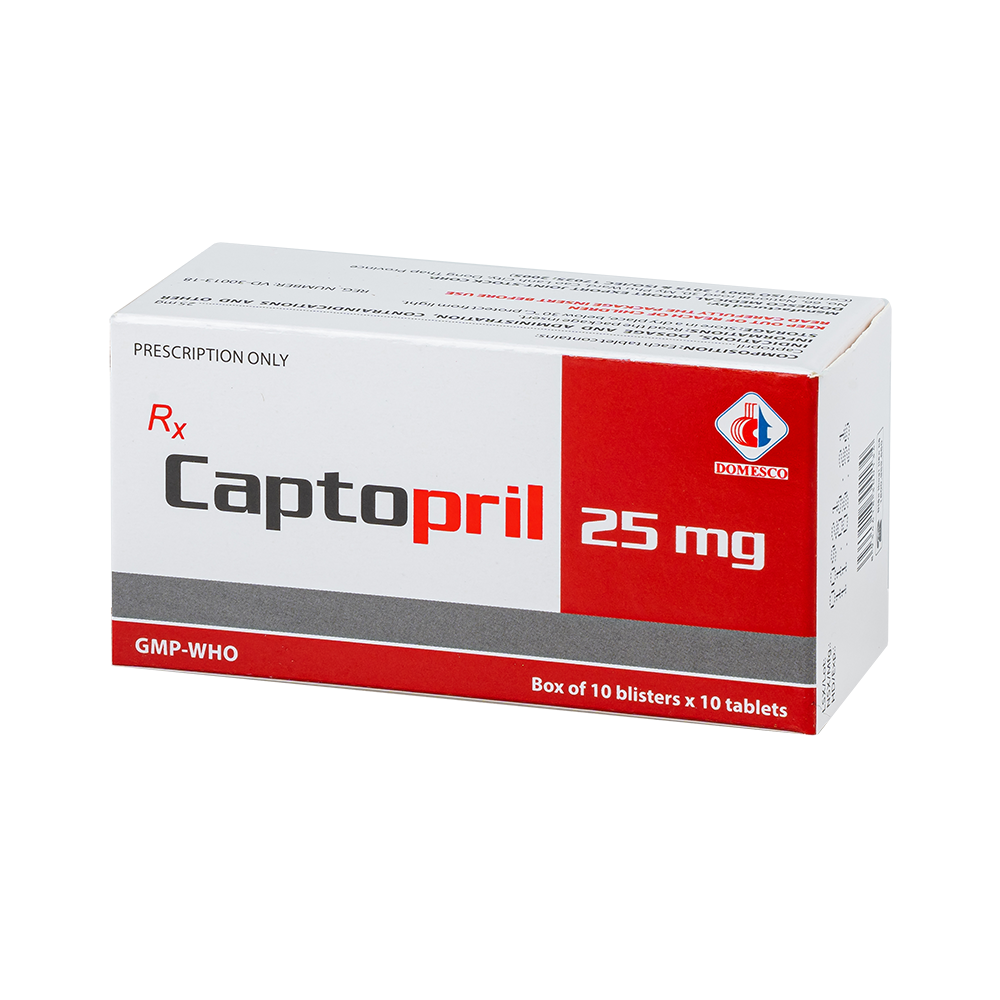 Captopril 25 mg Hộp 10 vỉ x 10 viên Domesco