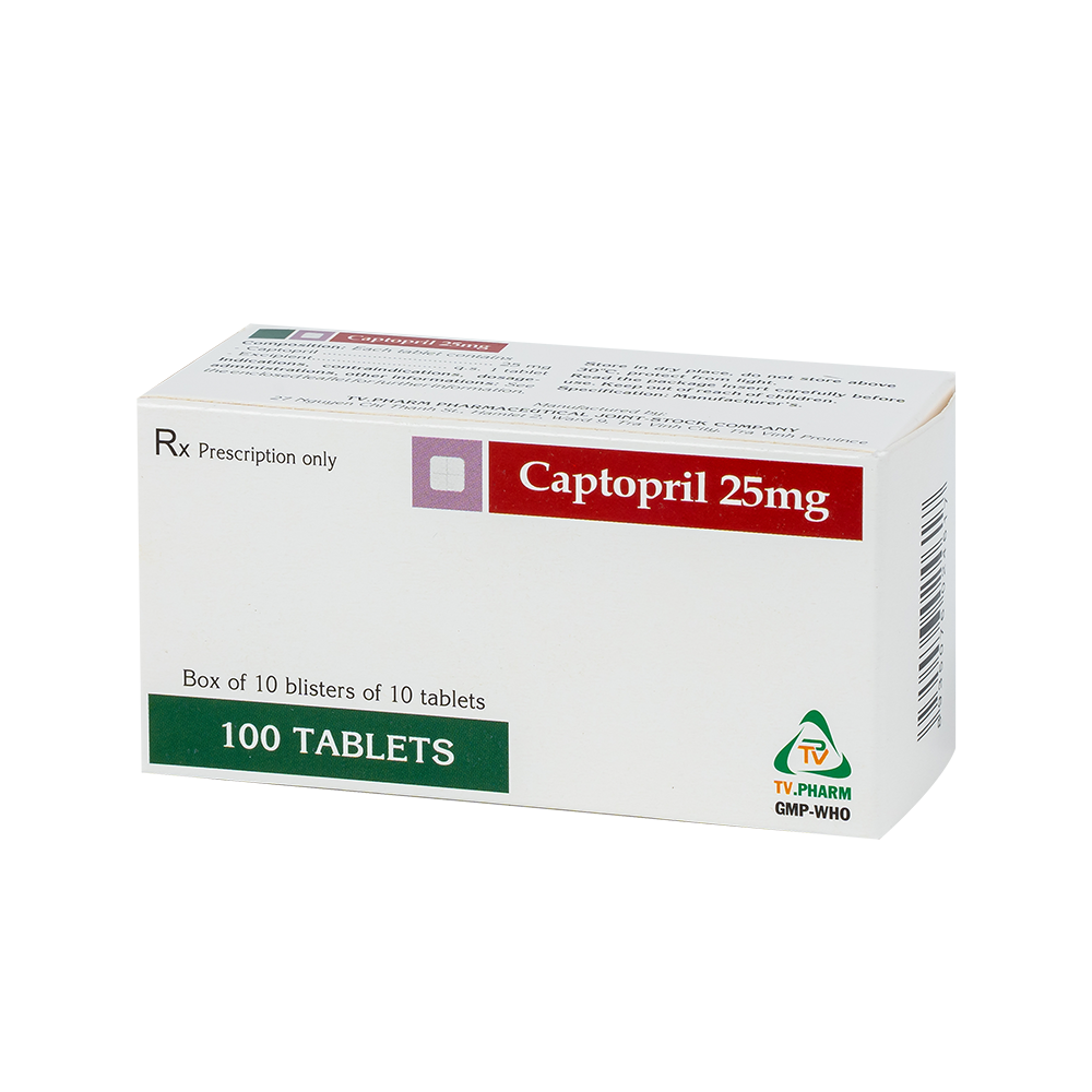 Captopril 25mg Hộp 10 vỉ x 10 viên TV.Pharm