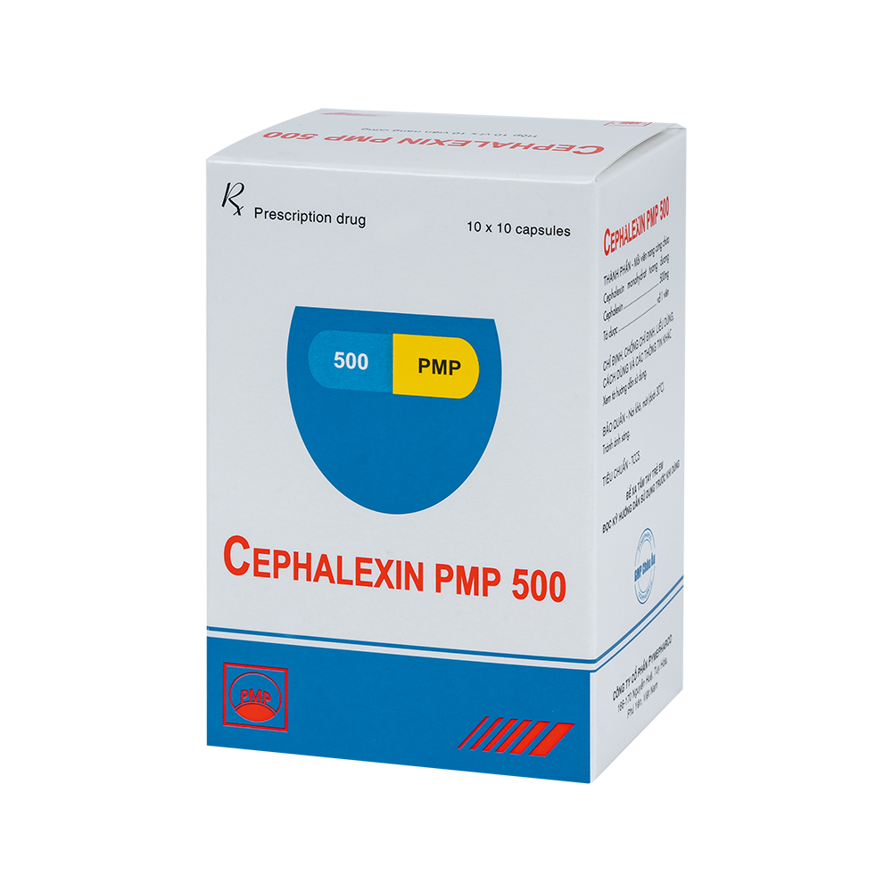 CEPHALEXIN PMP 500 Hộp 10 vỉ x 10 viên nang (nang vàng - xanh)