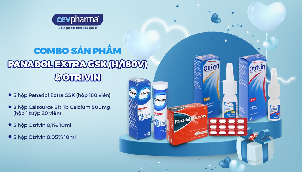 Combo sản phẩm 5 hộp Panadol Extra + 8 hộp Calcium 500mg + 5 hộp Otrivin 0.1% xịt mũi + 5 hộp Otrivin 0.05% nhỏ mũi