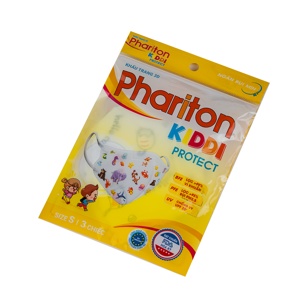 Khẩu trang 3D Phariton KIDDI PROTECT (Hoa văn con mèo size S) Túi 3 cái TVPharma