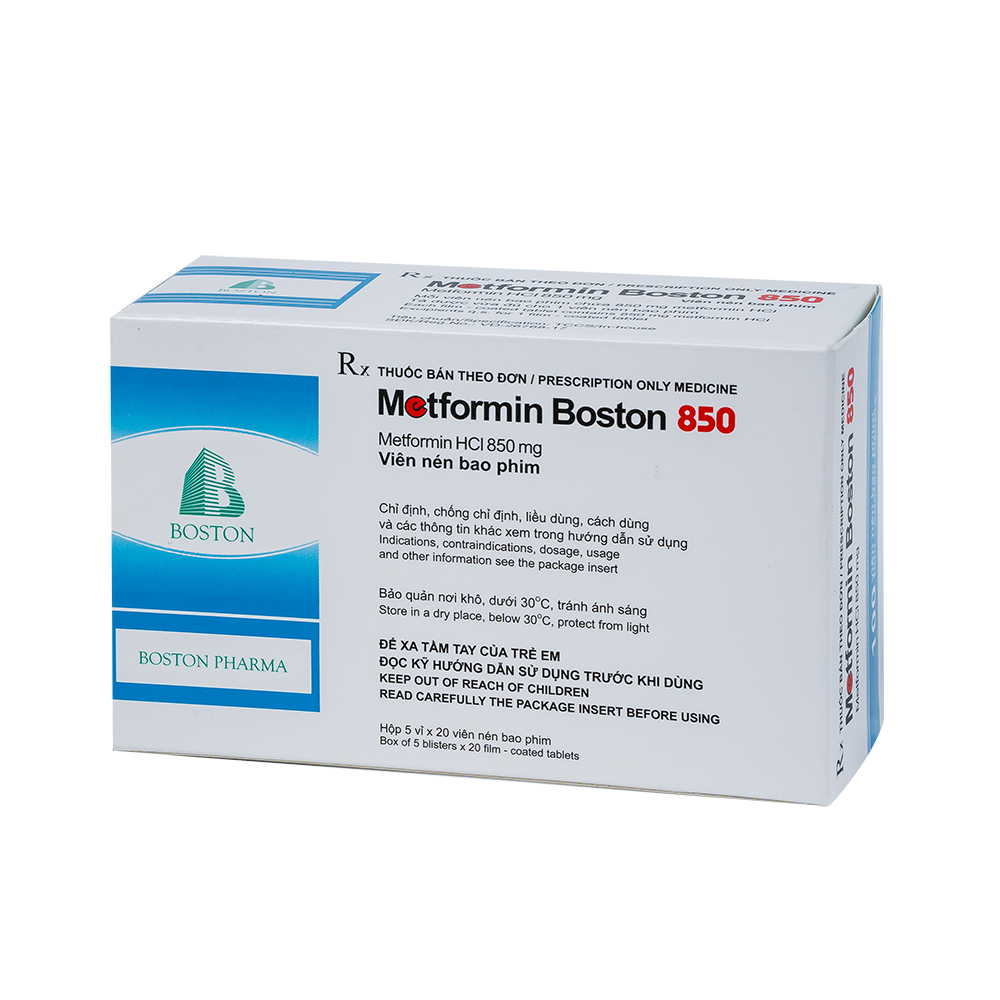 METFORMIN BOSTON 850 Hộp 5 vỉ x 20 viên nén bao phim Boston