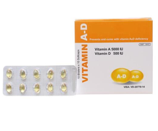 Vitamin AD vỉ Hộp  
10 vỉ x 10 viên nang mềm Me di sun