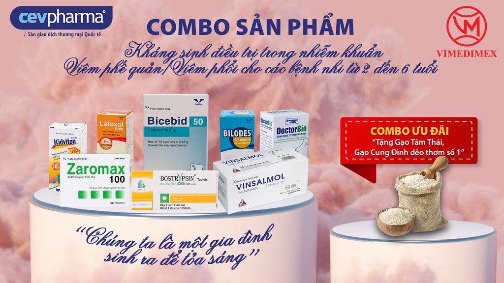 Combo Kháng sinh điều trị trong nhiễm khuẩn Viêm phế quản/Viêm phổi cho các bệnh nhi từ 2 đến 6 tuổi